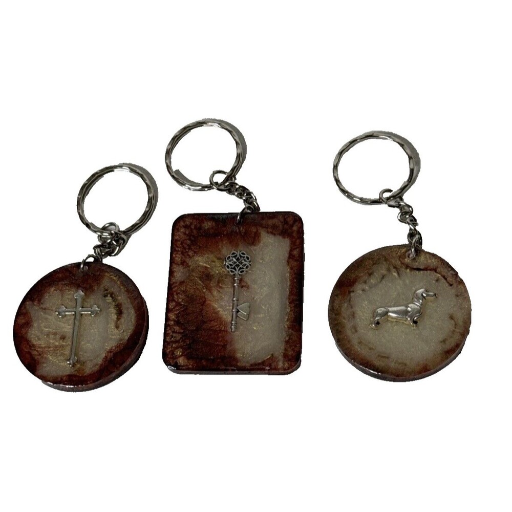Key Chain Pendant Resin Crackled Effect Charms Layered In Resin New Lot Of 3